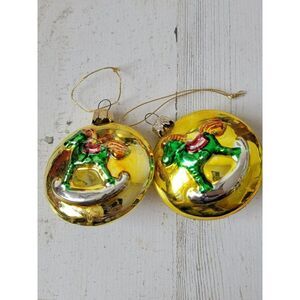 Circle yellow rocking horse blown glass ornament Xmas green decor pony set